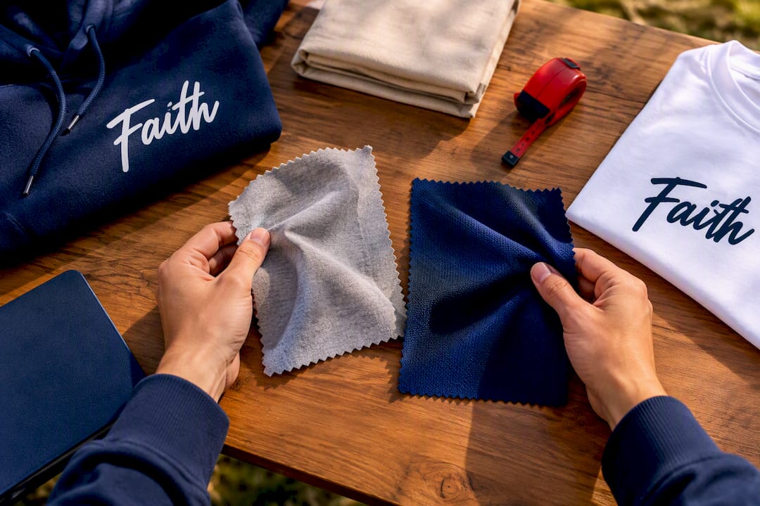 Hands comparing camp shirt fabric swatches