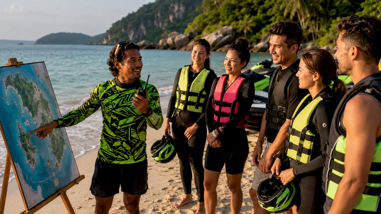 Jet ski guide briefing group on beach near water