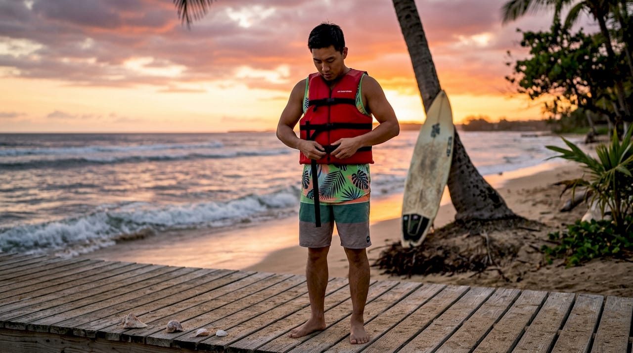 Man adjusting life jacket straps near dock