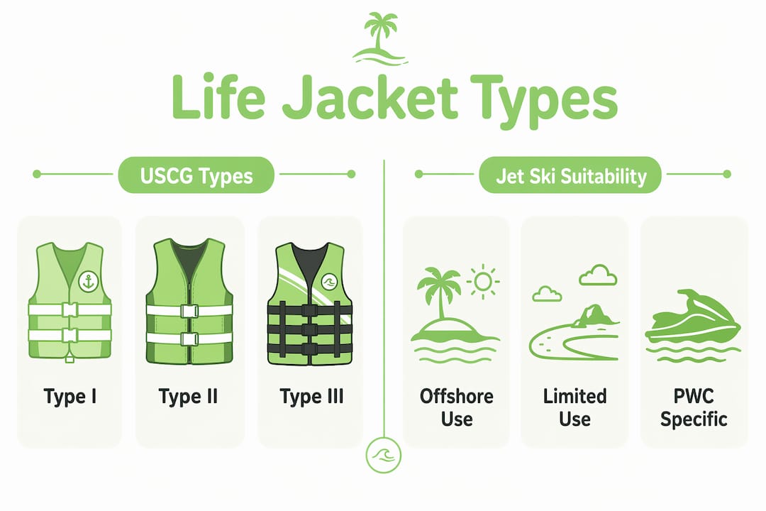 Infographic comparing life jacket types and jet ski suitability