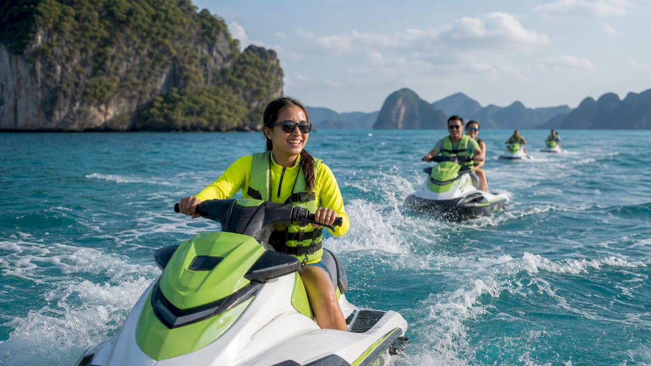 Aerial view of guided jet ski group along Phuket coast