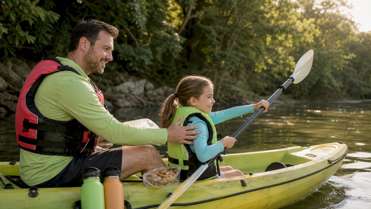 Father and daughter paddling kayak on calm lake