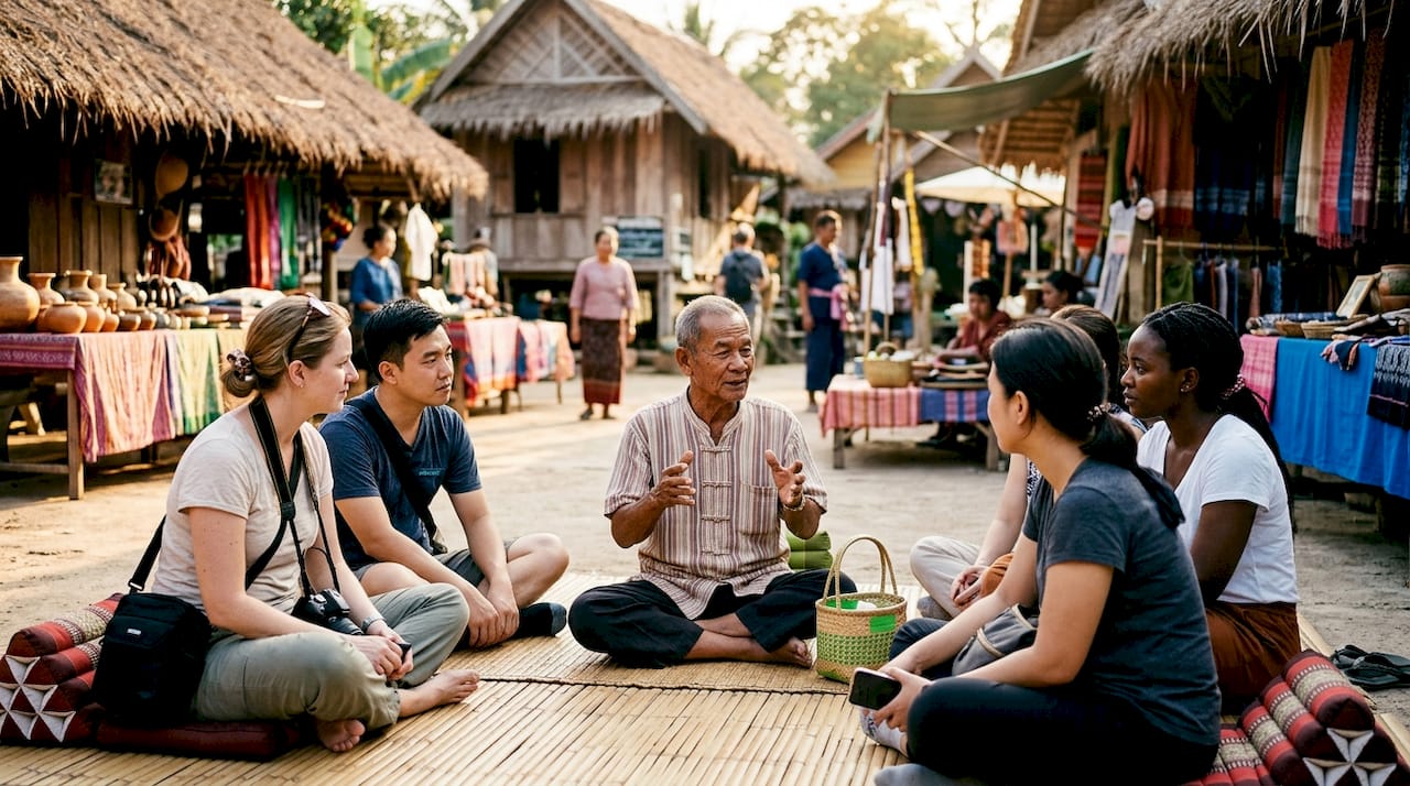 Tourists listening to village elder outdoors
