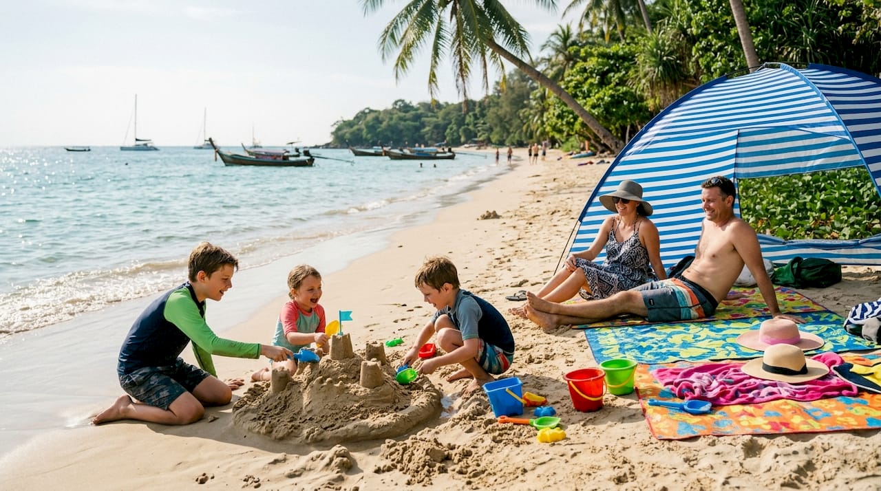 Family enjoying beach activities in Phuket Thailand