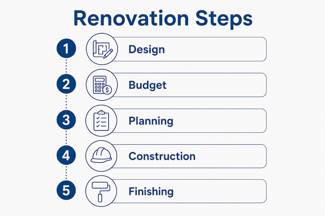 Infographic showing bathroom renovation steps flow