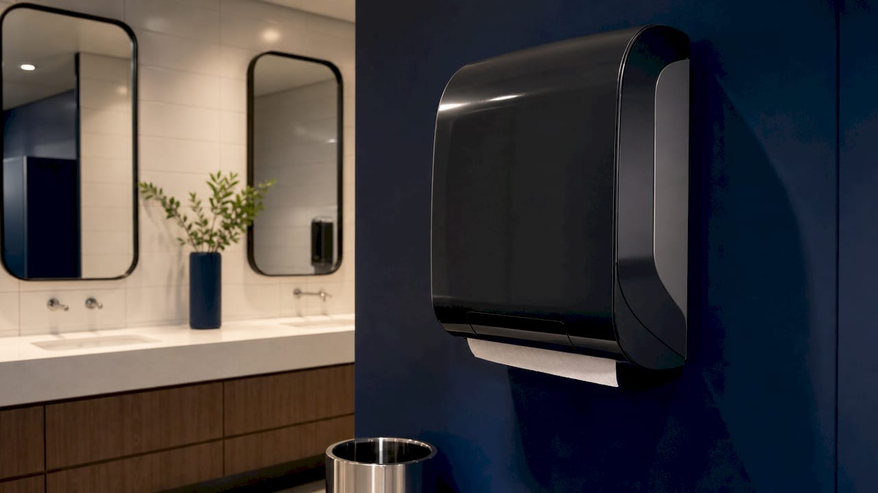 Close-up of ergonomic towel dispensers in washroom