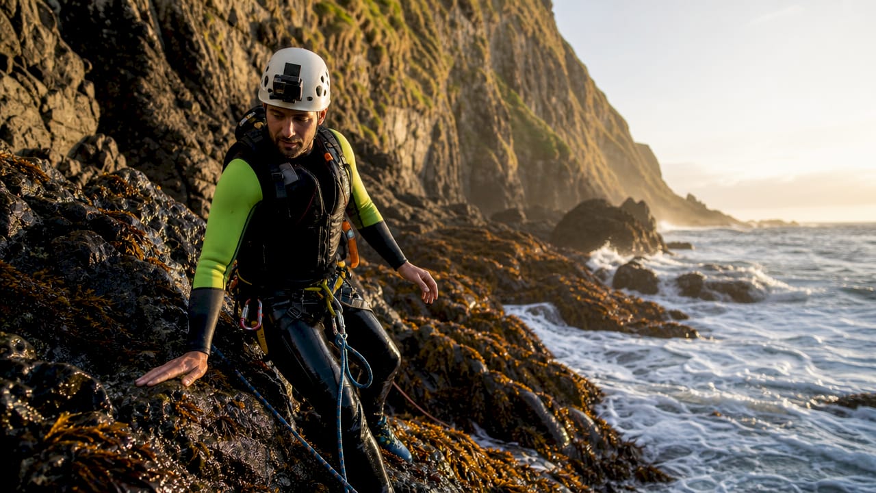 Man coasteering on rocky coastline with safety gear
