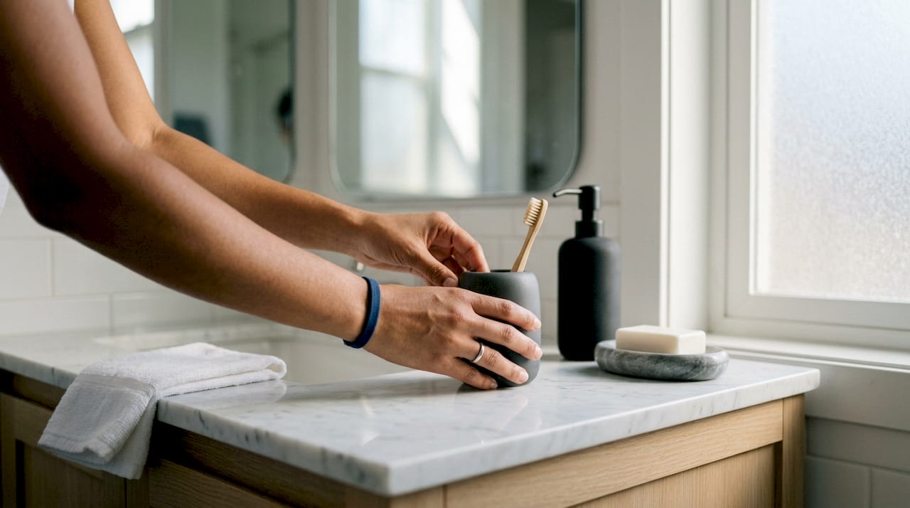 Hands organizing bathroom vanity accessories