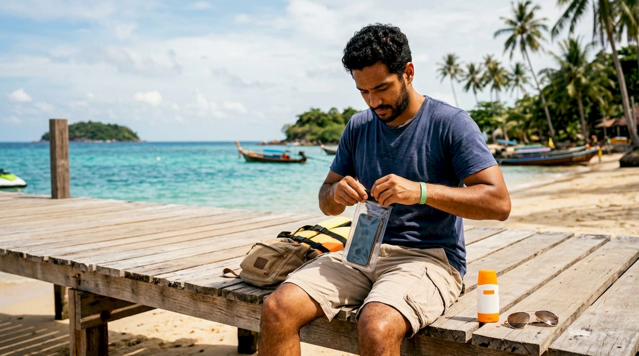 Hands packing waterproof phone and sunscreen for jet ski
