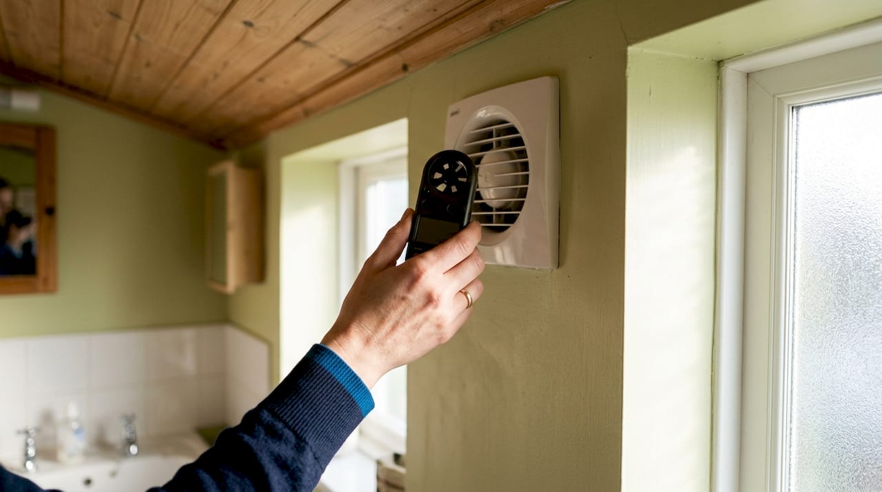 Hand measuring airflow at vent outlet with device