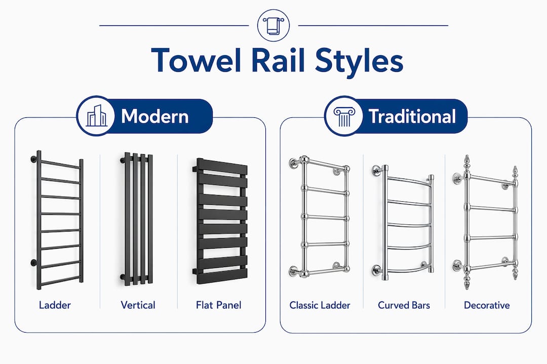 Infographic comparing towel rail styles modern vs traditional
