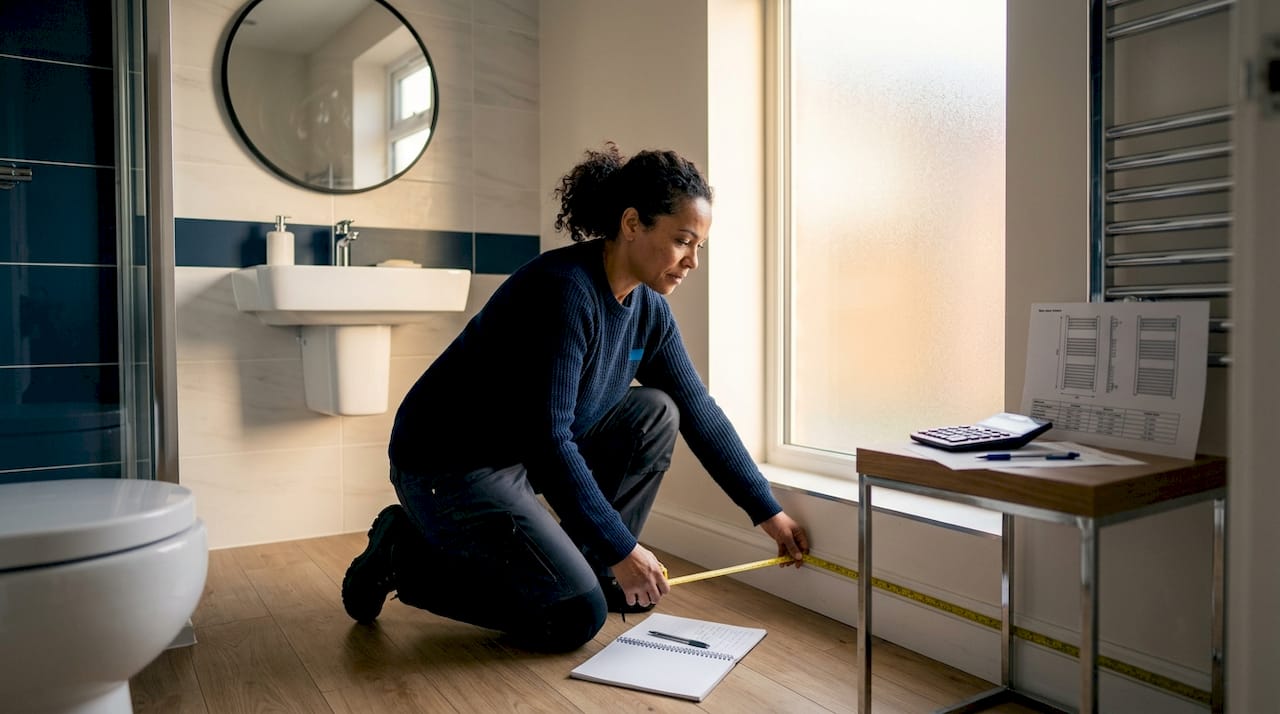 Homeowner measuring bathroom for towel rail sizing