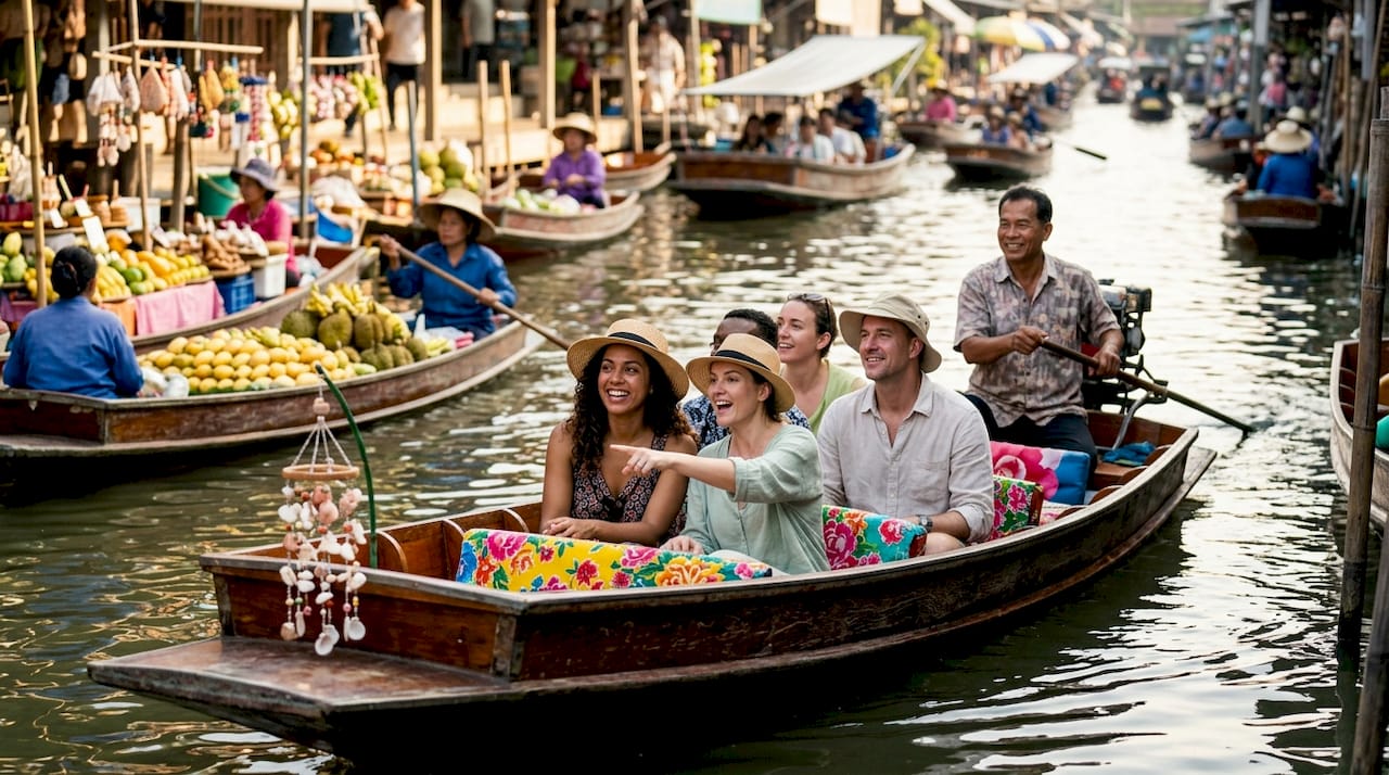 Tourists enjoying a longtail boat cultural tour in Thailand