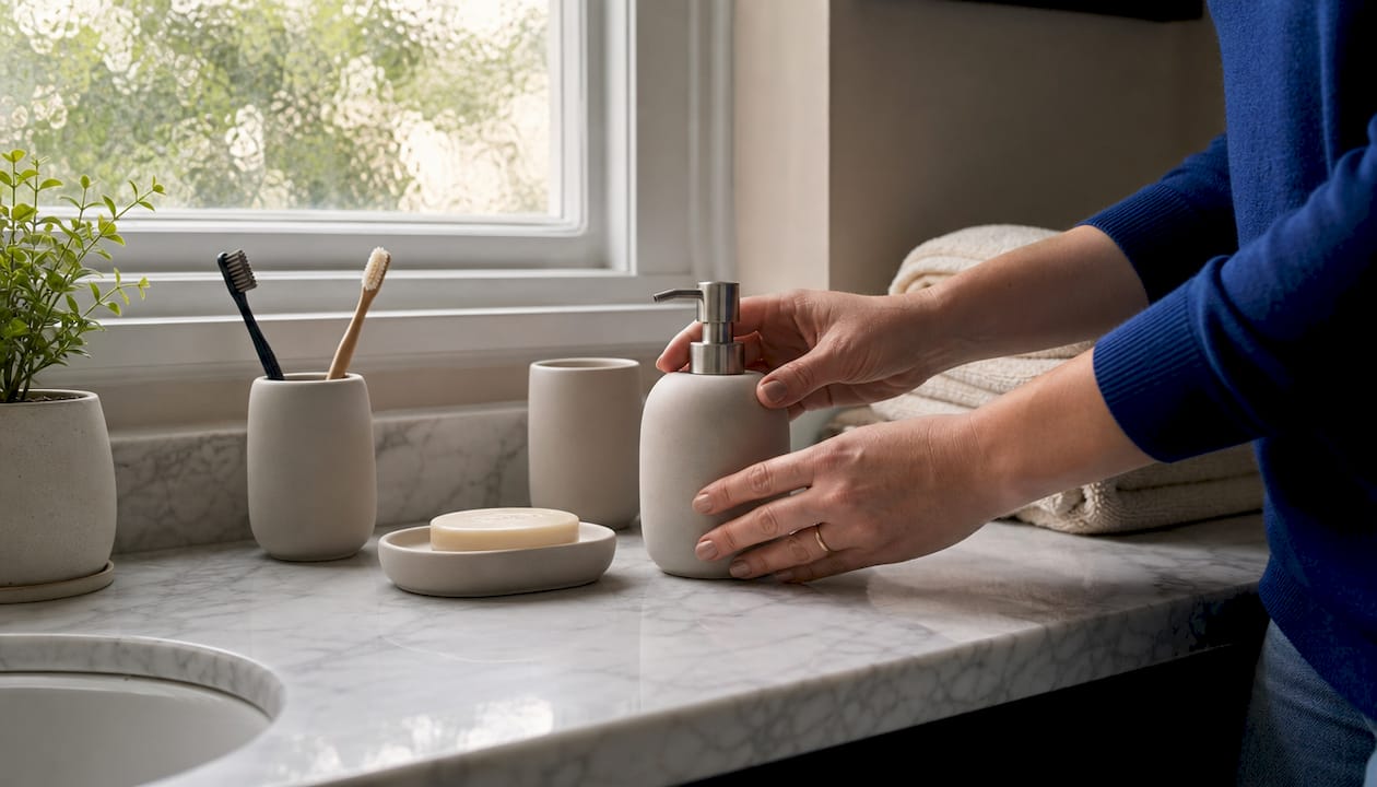 Hands placing ceramic soap dish on shelf