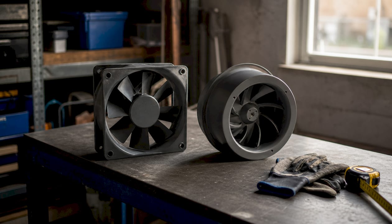 Axial and centrifugal bathroom fans close-up