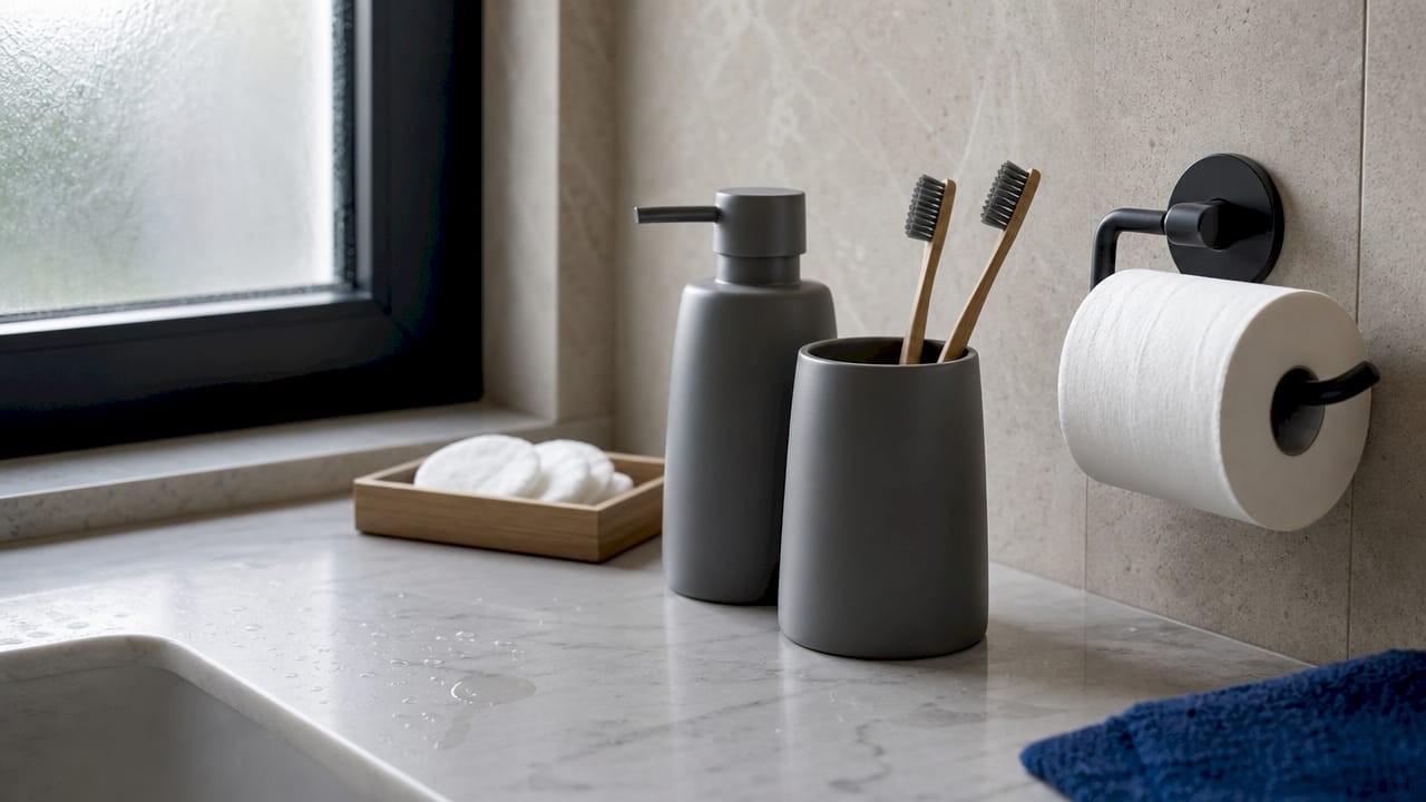 Close-up of bathroom accessory set on countertop