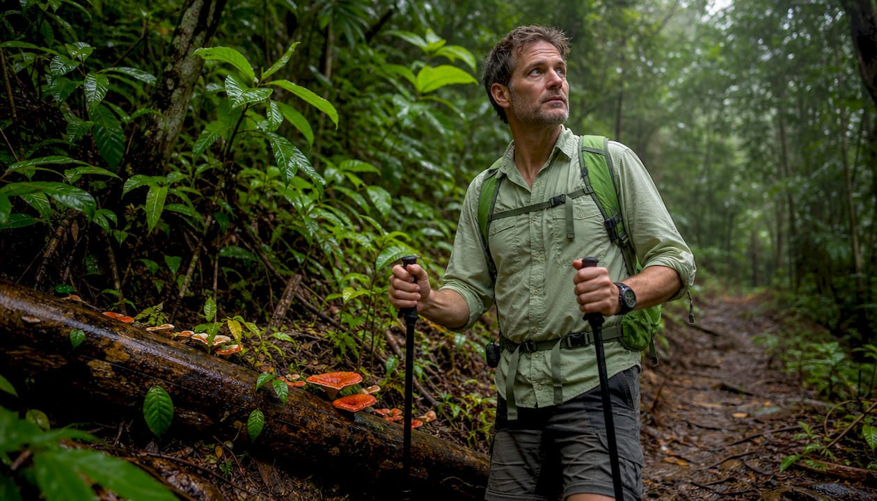 Hiker pausing on Phuket jungle trail