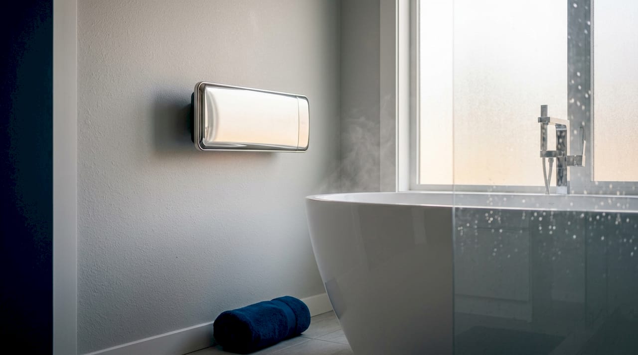 Infrared heater panel on bathroom wall with steam