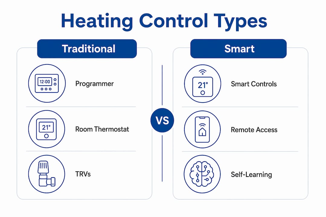 Infographic comparing traditional and smart heating control types
