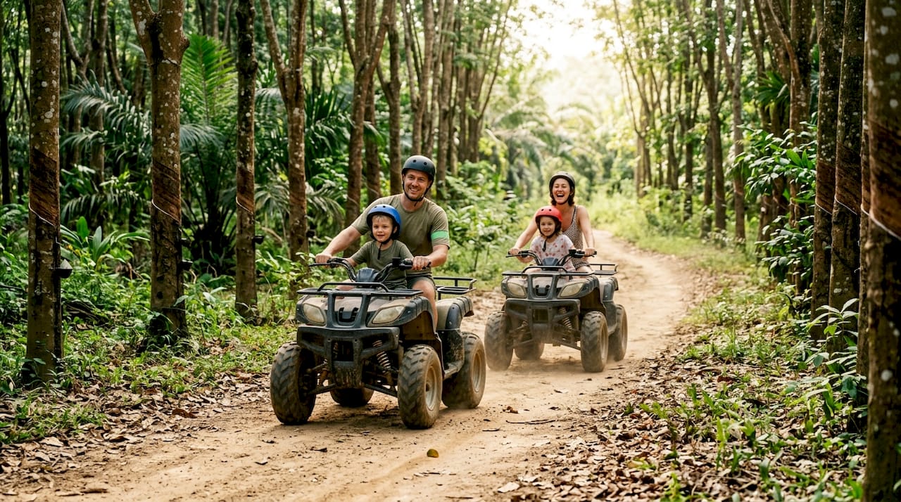 Family riding ATVs on scenic easy trail in Phuket jungle