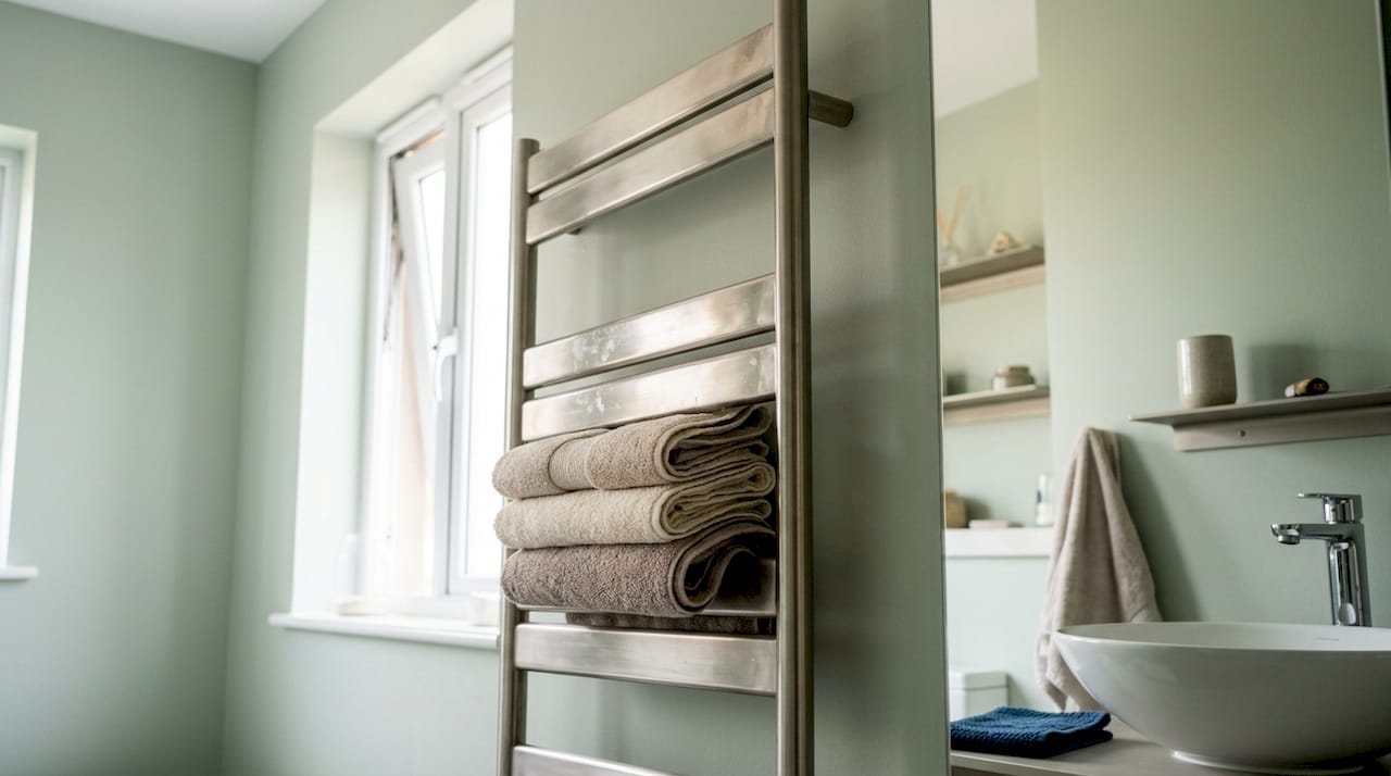 Vertical towel rail in compact narrow bathroom