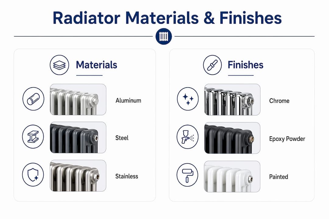 Infographic comparing materials and finishes of bathroom radiators