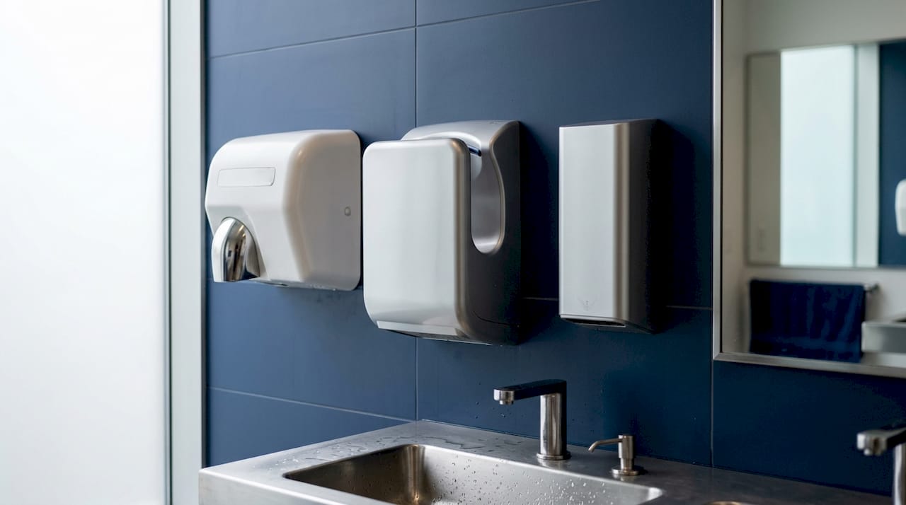 Three types of commercial hand dryers mounted