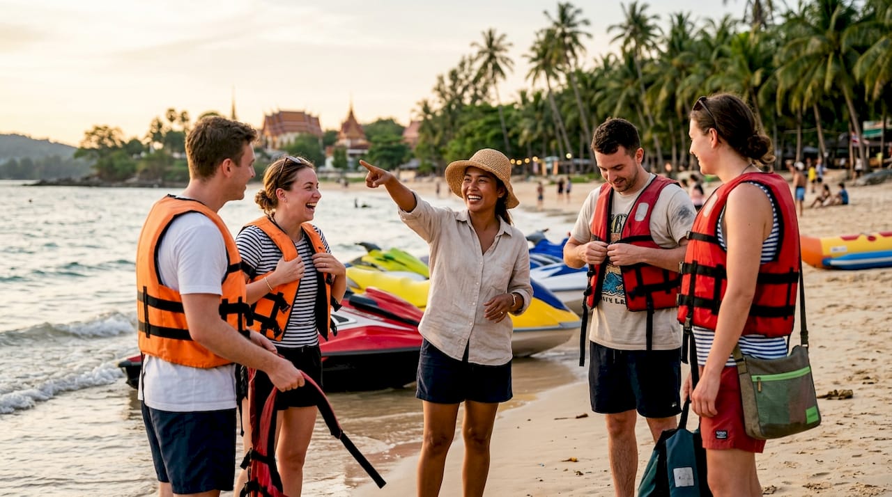 Tour group receiving jet ski tour briefing on beach