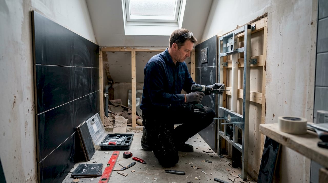 Installer fitting wall-hung basin frame