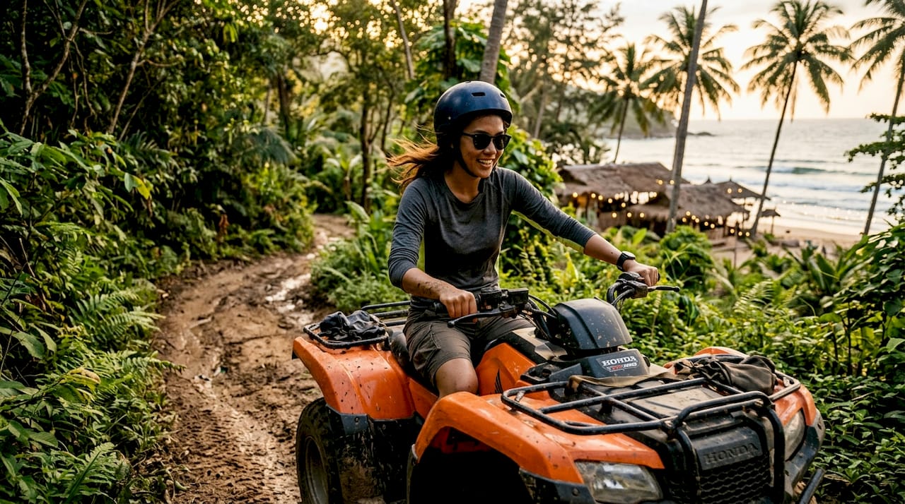 Woman riding ATV on jungle trail near beach club