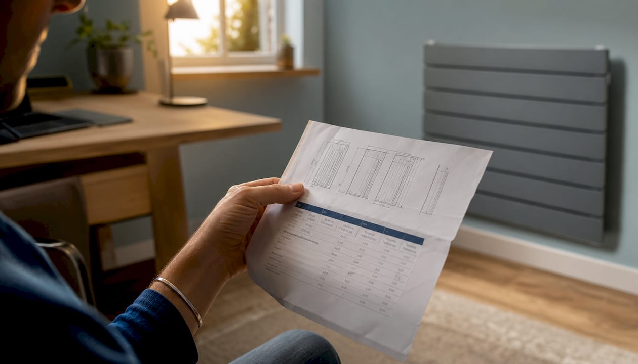 Hand holding radiator specification sheet with BTU rating