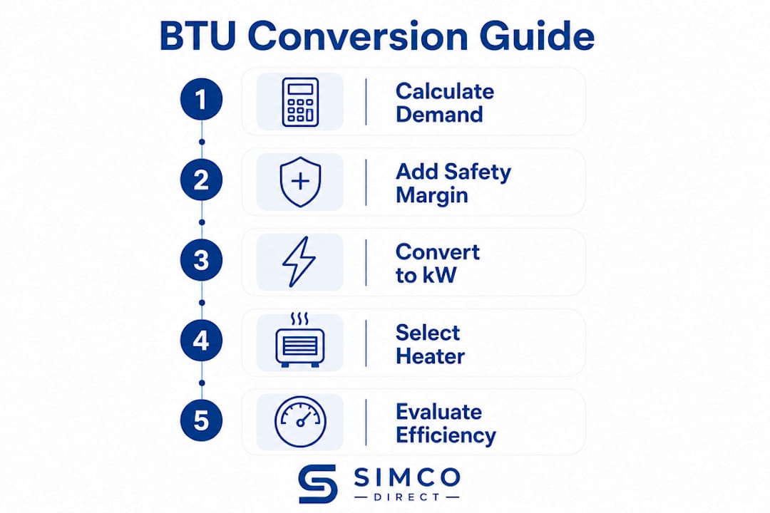 Infographic displaying BTU conversion steps for heating