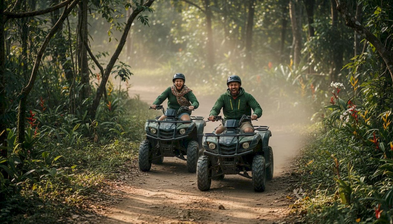 Tourists riding ATV through mixed terrain