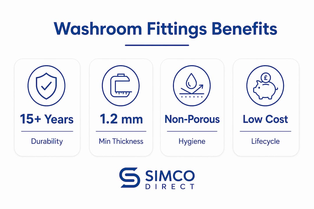 Infographic showing key benefits of stainless steel washroom fittings
