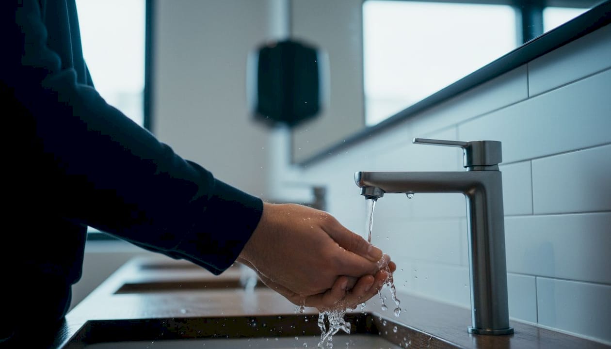 Hands washing under stainless steel faucet in restroom