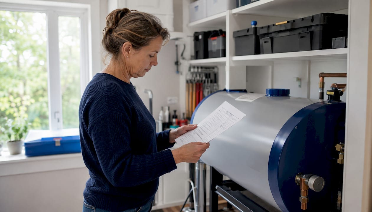 Hands holding maintenance checklist near water heater