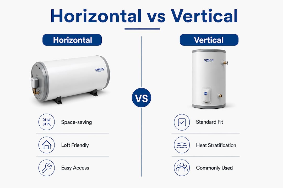 Infographic comparing horizontal vs vertical water heaters