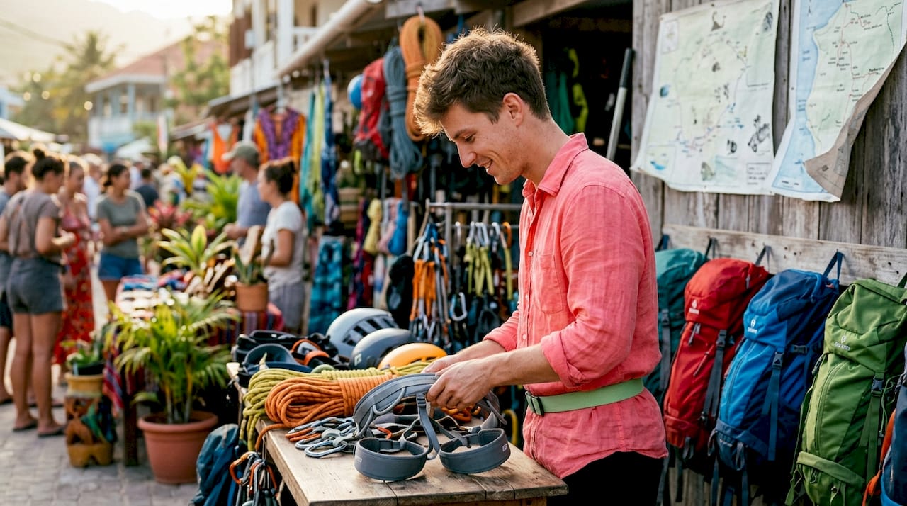 Young man arranging adventure gear in village shop