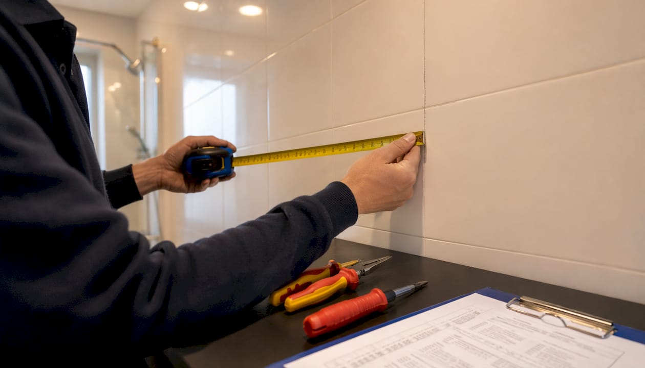 Electrician measuring bathroom zone height