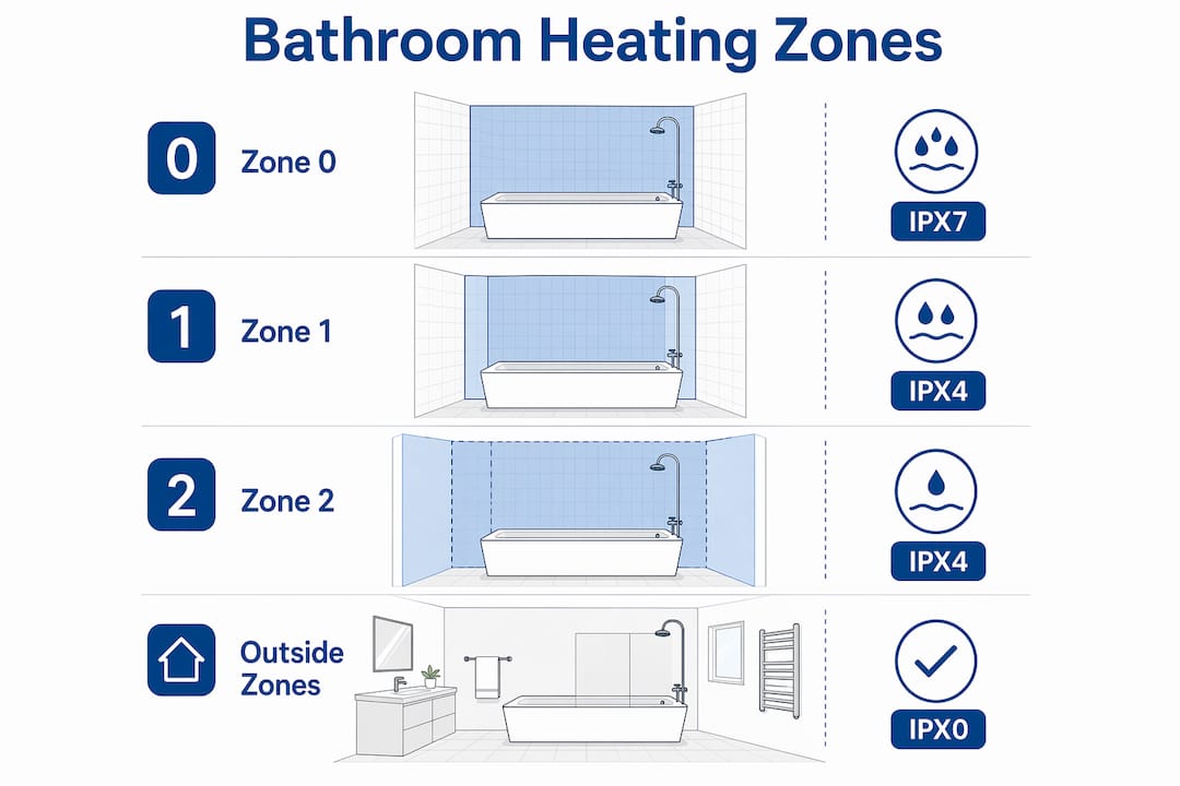 Infographic illustrating bathroom heating zones and safety requirements