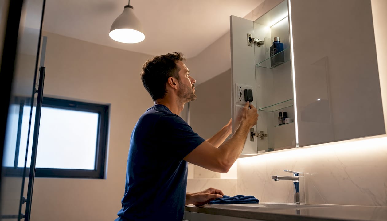 Modern mirror cabinet with LED lighting and power ports