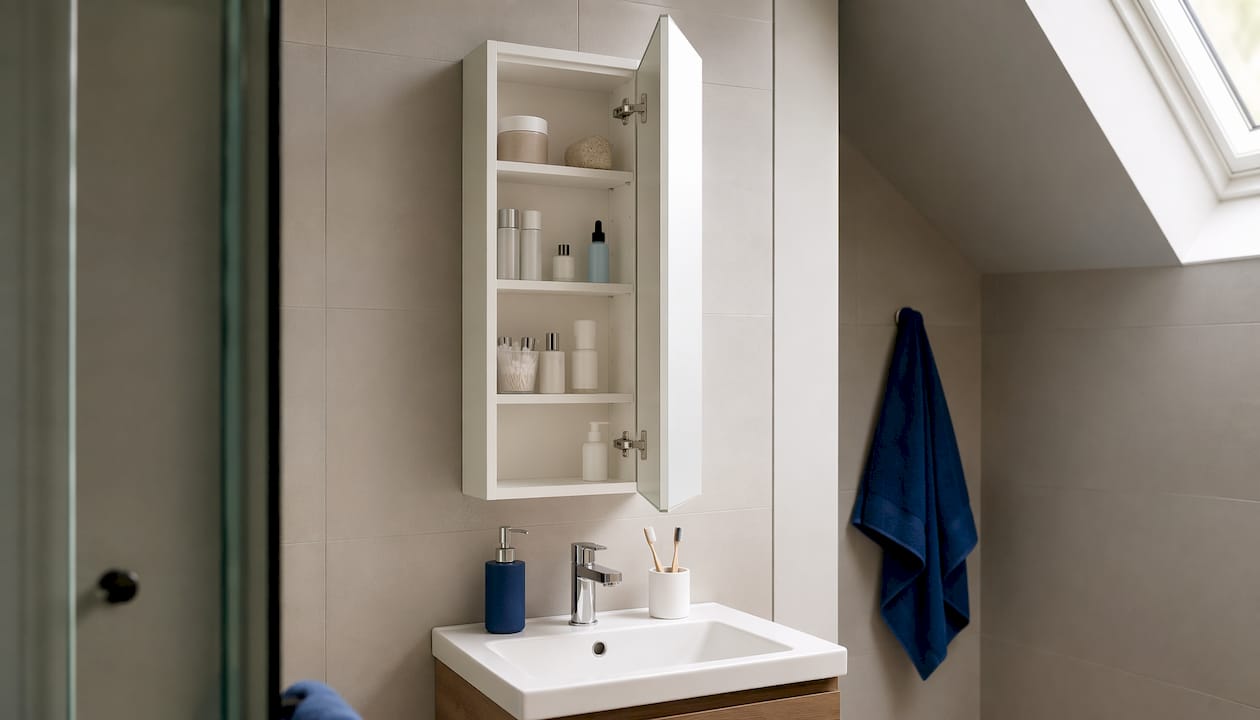 Side view of mirror cabinet above small basin