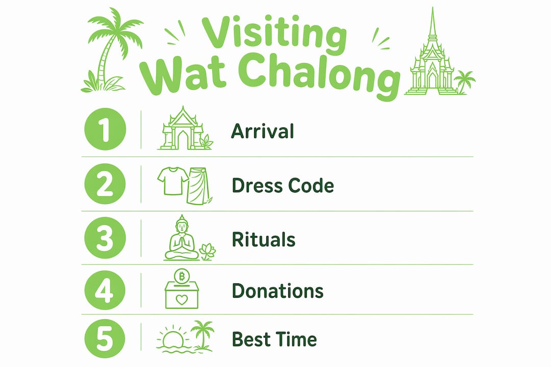 Infographic showing key visitor steps at Wat Chalong temple