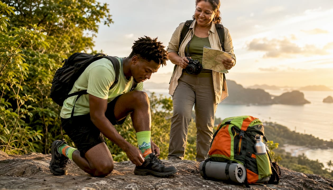 Guide supporting adventurer tying boots on trail