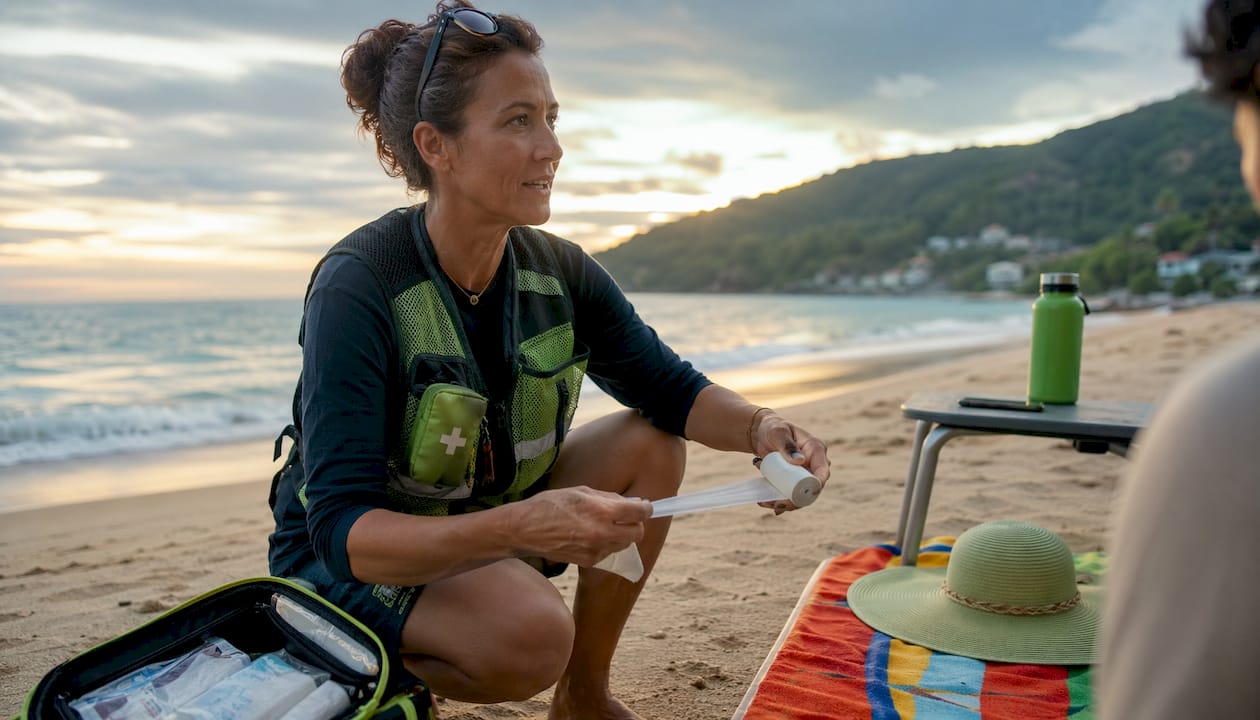 Tour guide demonstrating first aid outdoors