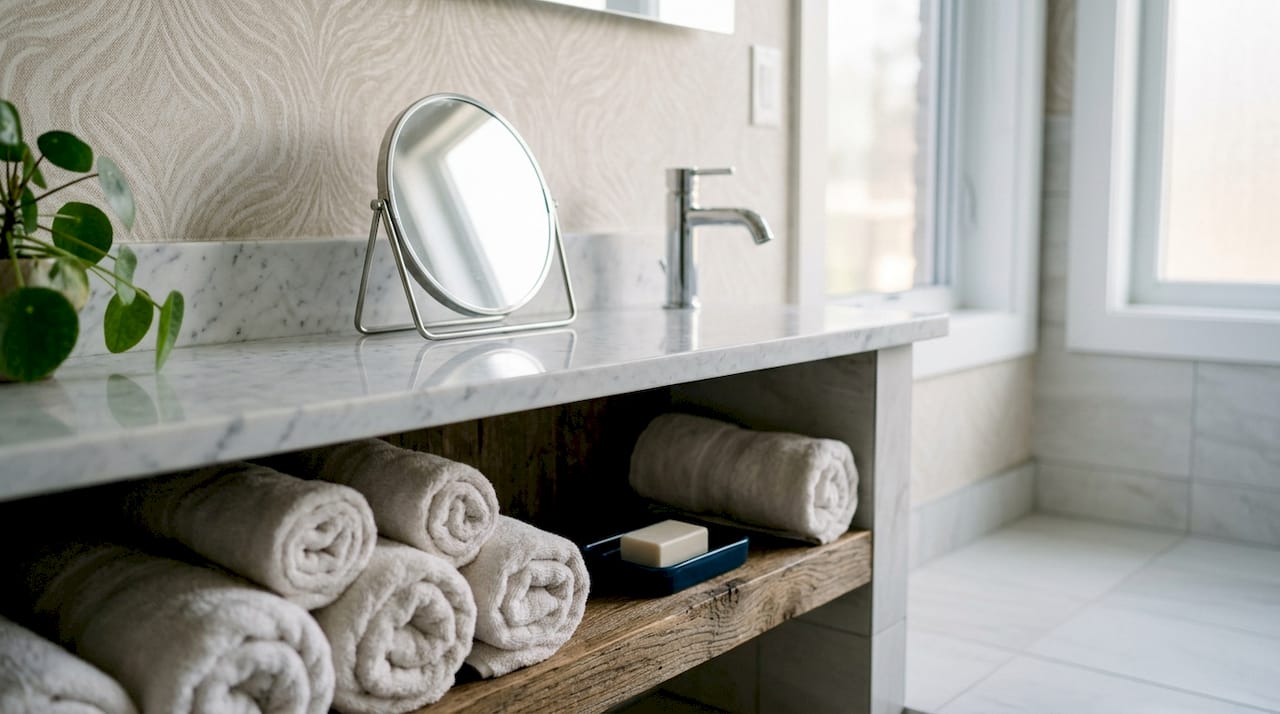 Bathroom vanity with large mirror and brass fixtures