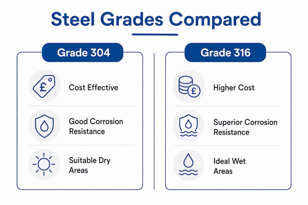 Infographic comparing stainless steel grades 304 and 316