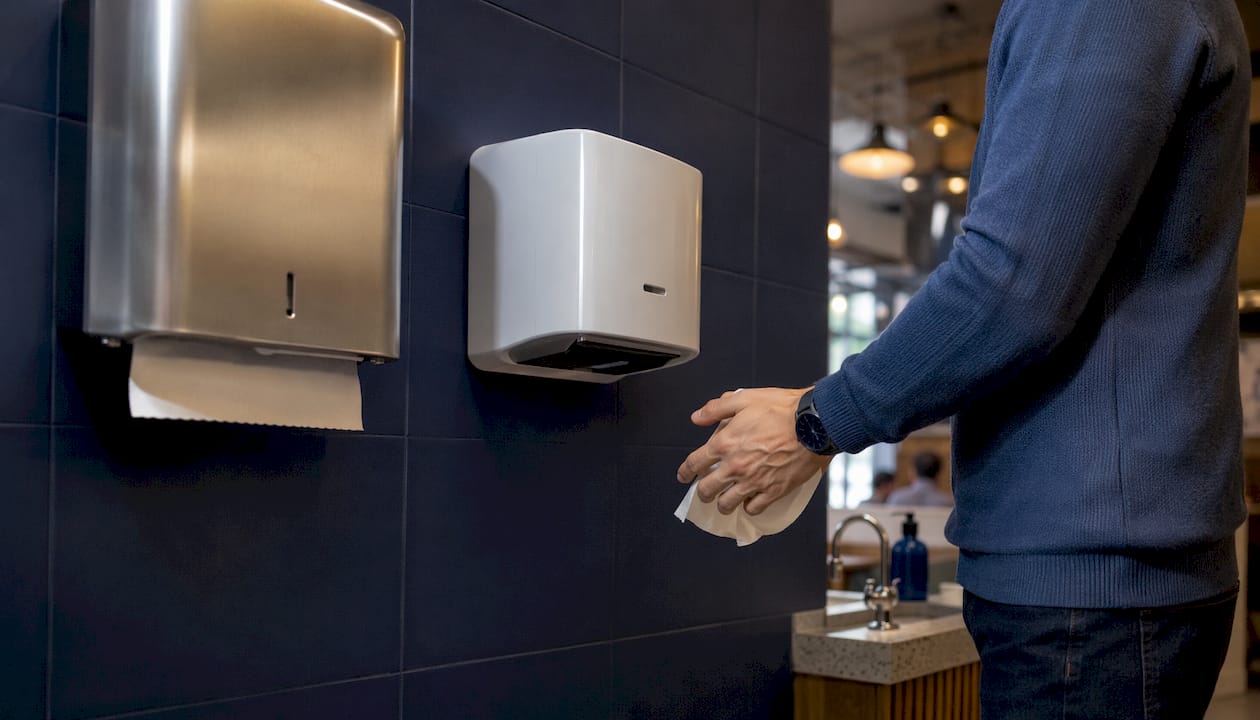 Customer drying hands at paper towel dispenser and hand dryer