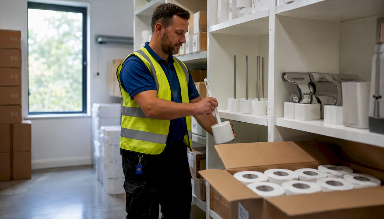 Maintenance worker organizing toilet supplies in closet
