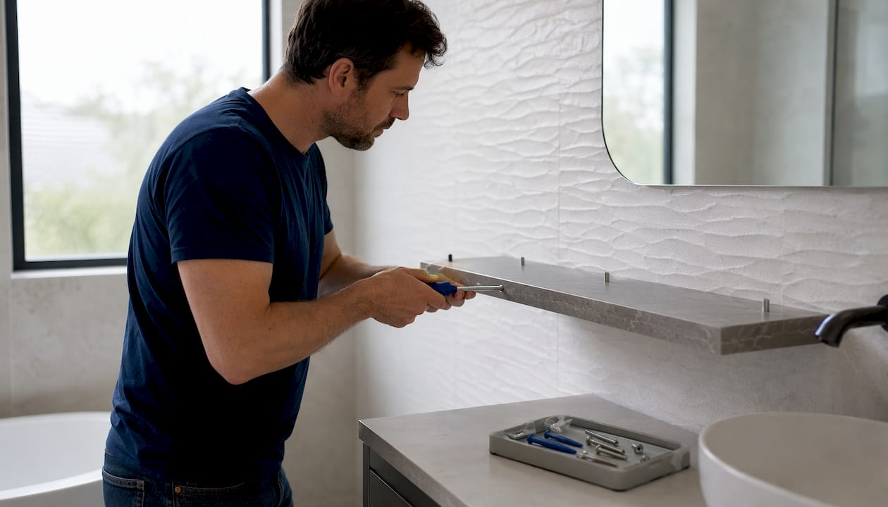 Close-up hands fitting floating shelf bracket in bathroom